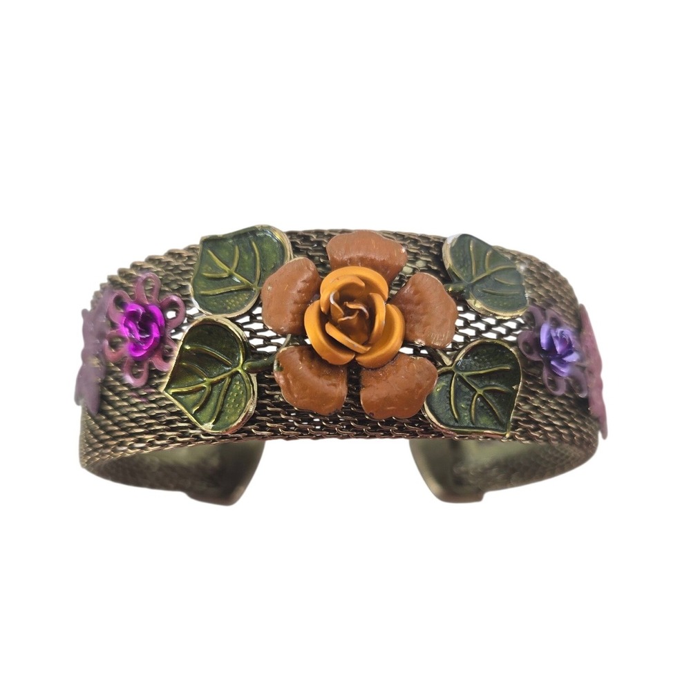 Cuff Bracelet Womens 6.75 Victorian Mesh Floral Enamel Bronze Tone EUC